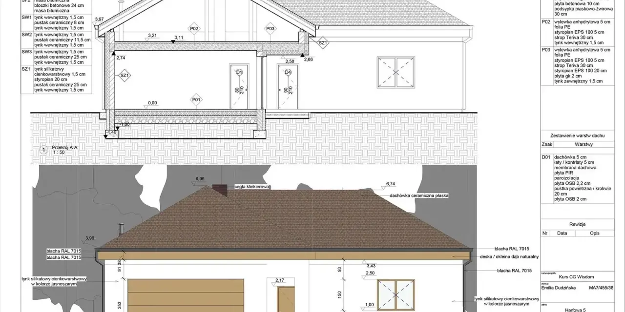 Projekt elewacji domu z detalami warstw ścian, podłóg i dachu. Program do wizualizacji elewacji pozwala zobaczyć detale.