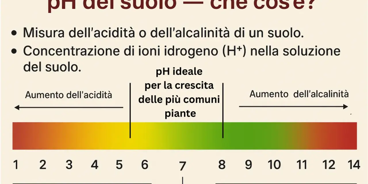 Grafico che illustra come misurare il pH del terreno, mostrando la scala da acido ad alcalino e il pH ideale per le piante.