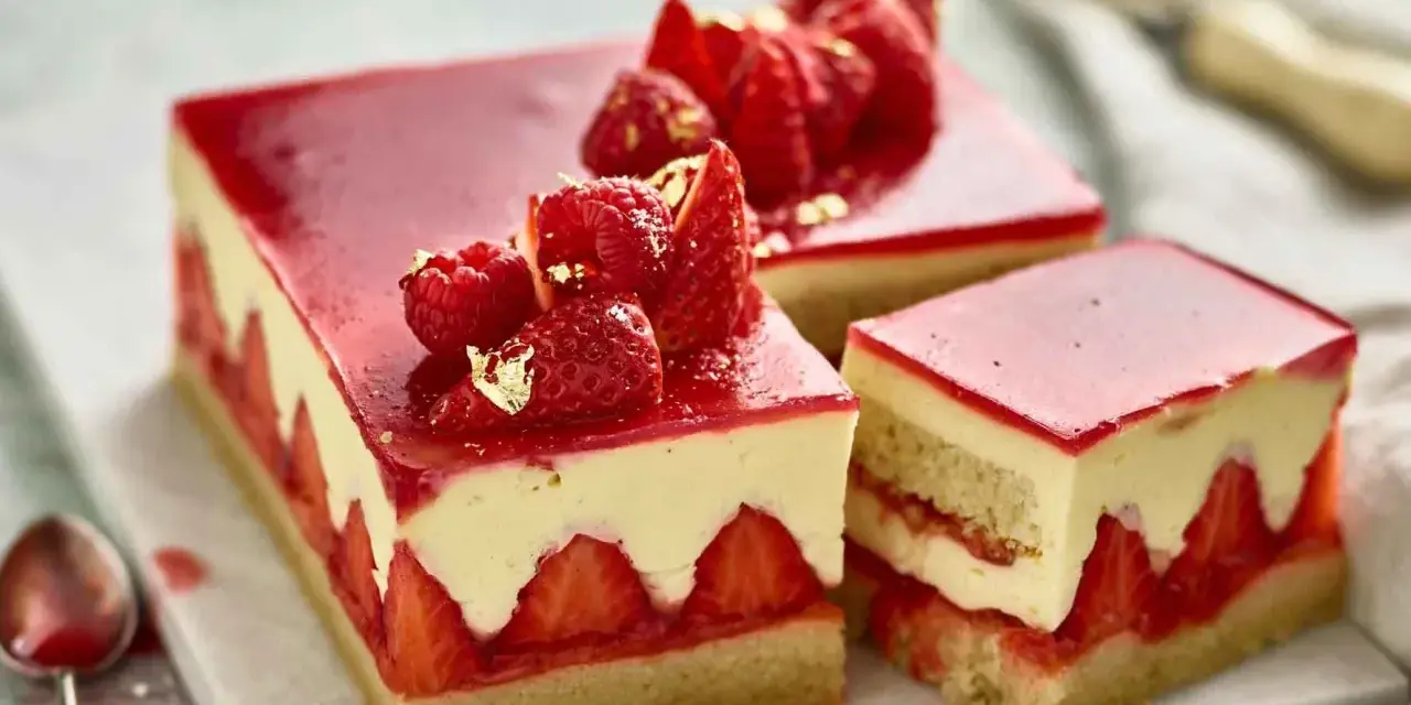 Deliziosa torta di fragole con strati di crema, fragole fresche e gelatina rossa, guarnita con frutti di bosco e foglia d'oro.