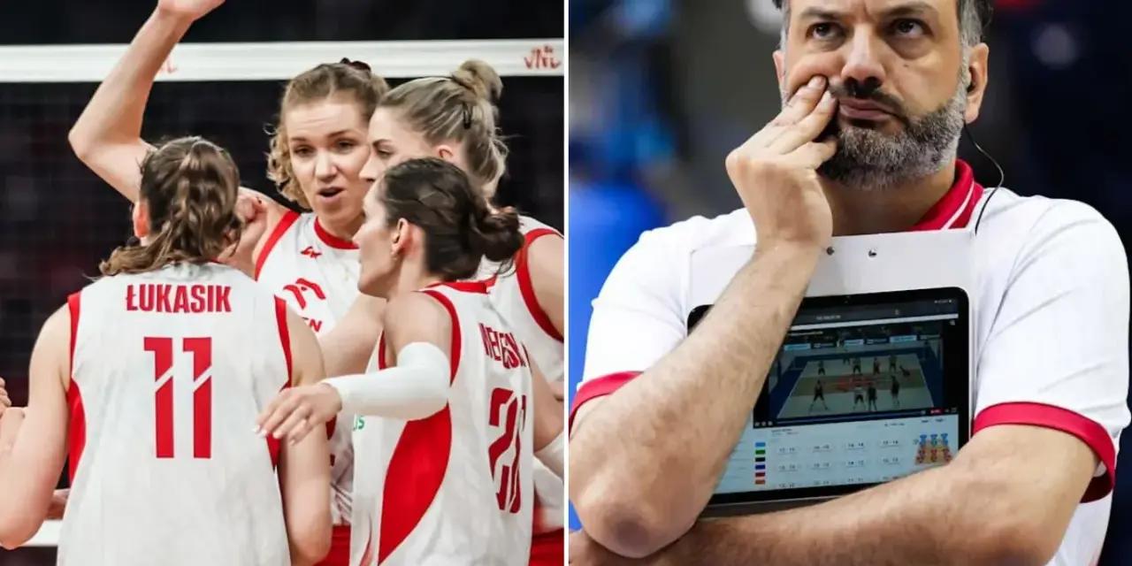 Siatkarki w biało-czerwonych strojach świętują, a trener analizuje grę na tablecie. Reprezentacja kobiet w siatkówce w akcji.