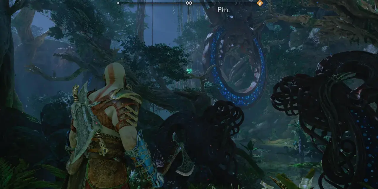 Kratos w opuszczonej wiosce, gdzie kruki Odyna strzegą tajemnic.