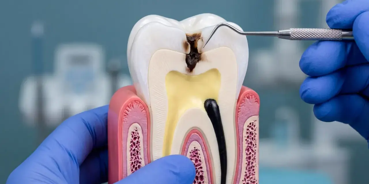 Model zęba pokazuje zaawansowaną próchnicę, która dotarła do miazgi. Dentysta w niebieskiej rękawiczce bada ubytek.