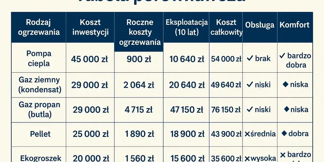 Tabela porównuje koszty ogrzewania. Pompa ciepła ma wysoki koszt inwestycji, ale niskie roczne koszty i eksploatacji, co wpływa na całkowity koszt.
