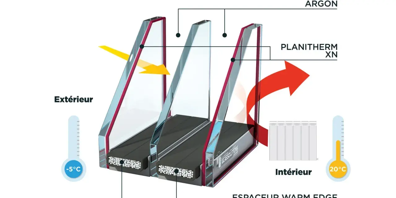 Coupe d'une double fenêtre pour isolation phonique, montrant l'argon et le Planitherm XN. L'extérieur est à -5°C, l'intérieur à 20°C.