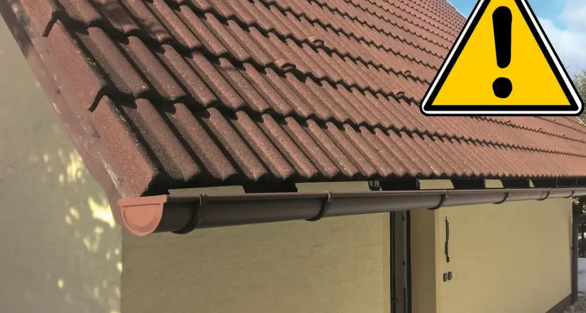 Uwaga na dach! Brązowe dachówki i rynny tworzą opierzenie dachu, które wymaga uwagi.