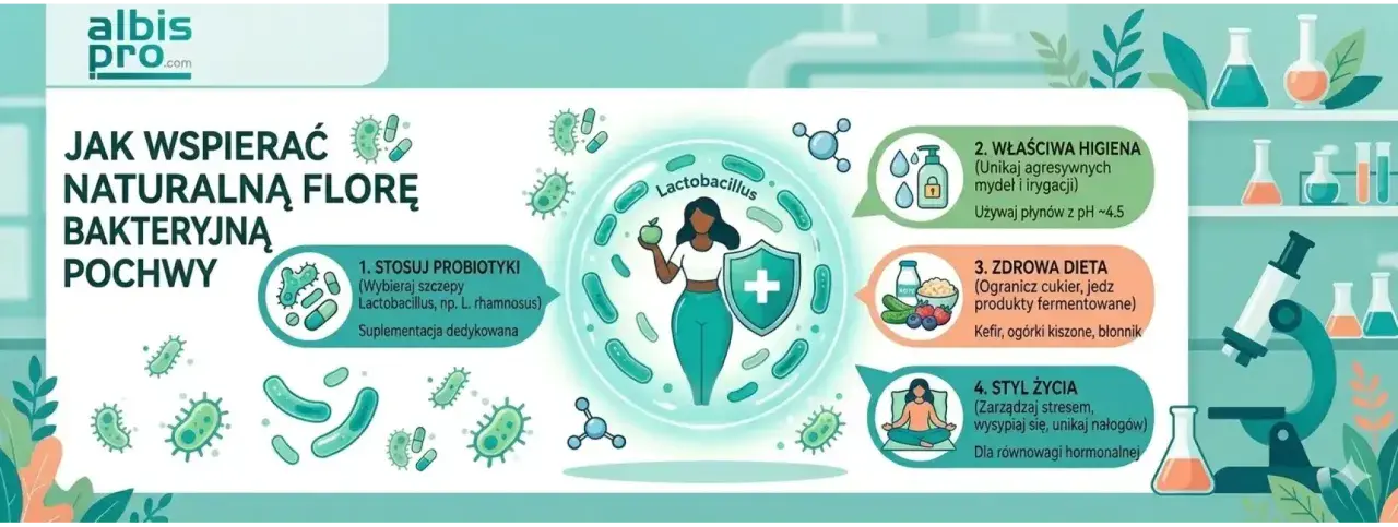 Jak odbudować florę bakteryjną pochwy: probiotyki, higiena, dieta i styl życia. Grafika pokazuje sposoby na wsparcie naturalnej równowagi.