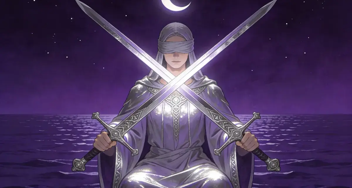 Oślepiony rycerz mieczy siedzi na tle nocnego nieba z księżycem. Dwa miecze skrzyżowane nad jego głową.