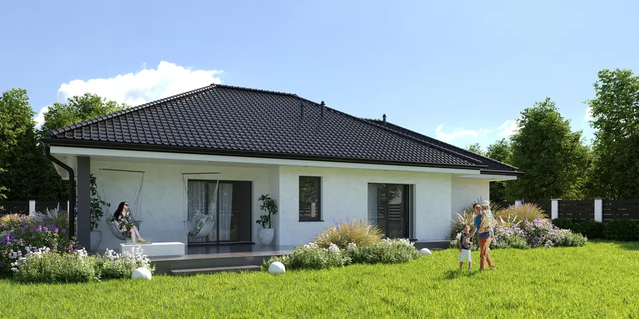 Rodzina cieszy się ogrodem przy nowoczesnym domu. Zastanawiasz się, ile kosztuje wybudowanie domu 120m2?
