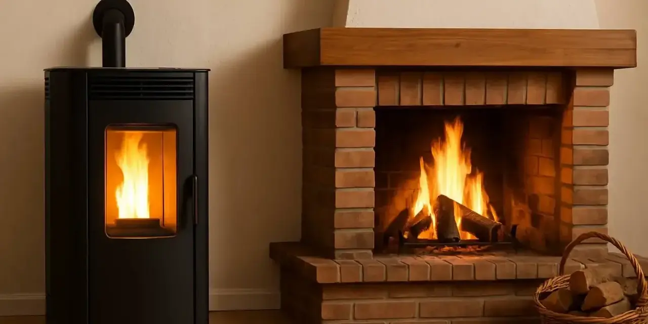 Stufa a pellet moderna e camino in mattoni con fuoco vivo. Un cesto di legna completa la scena, un vero bonus per le tue stufe a legna.
