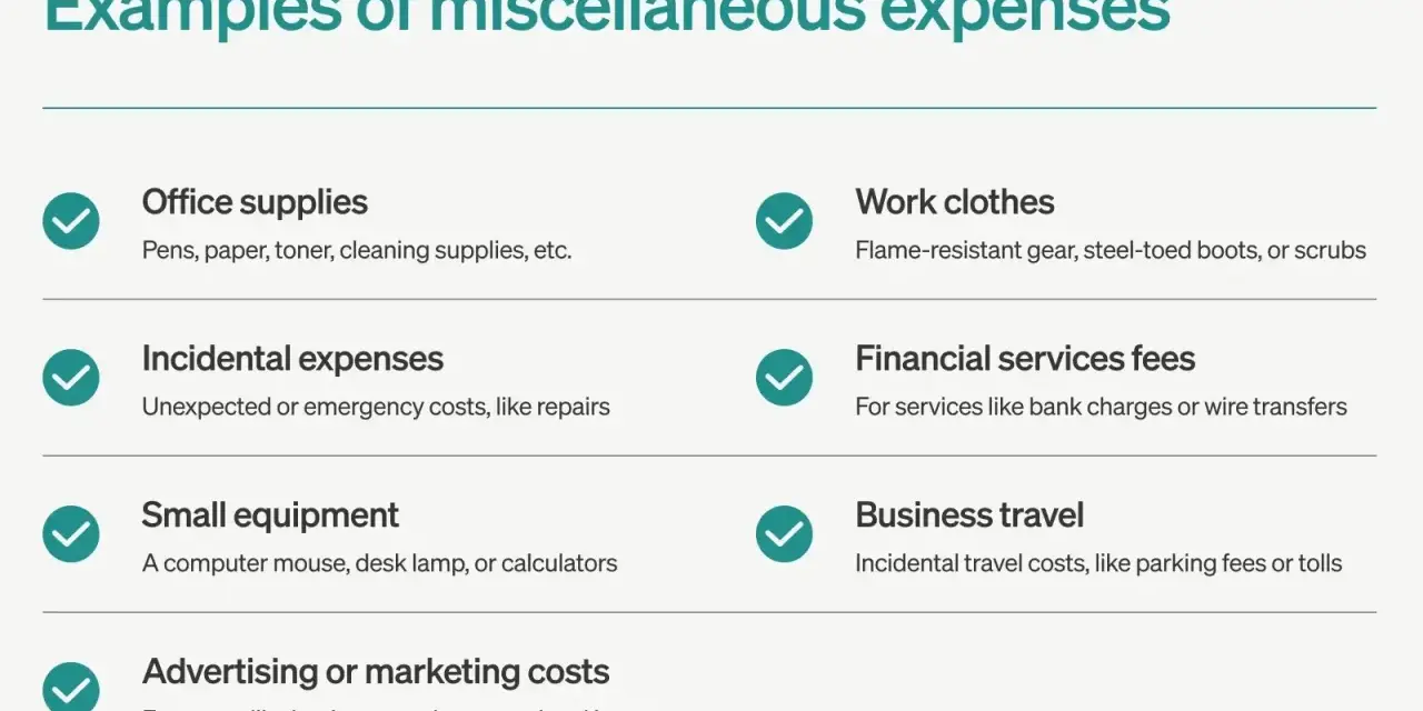 Examples of miscellaneous expenses include office supplies, work clothes, incidental costs, financial fees, small equipment, business travel, and marketing.
