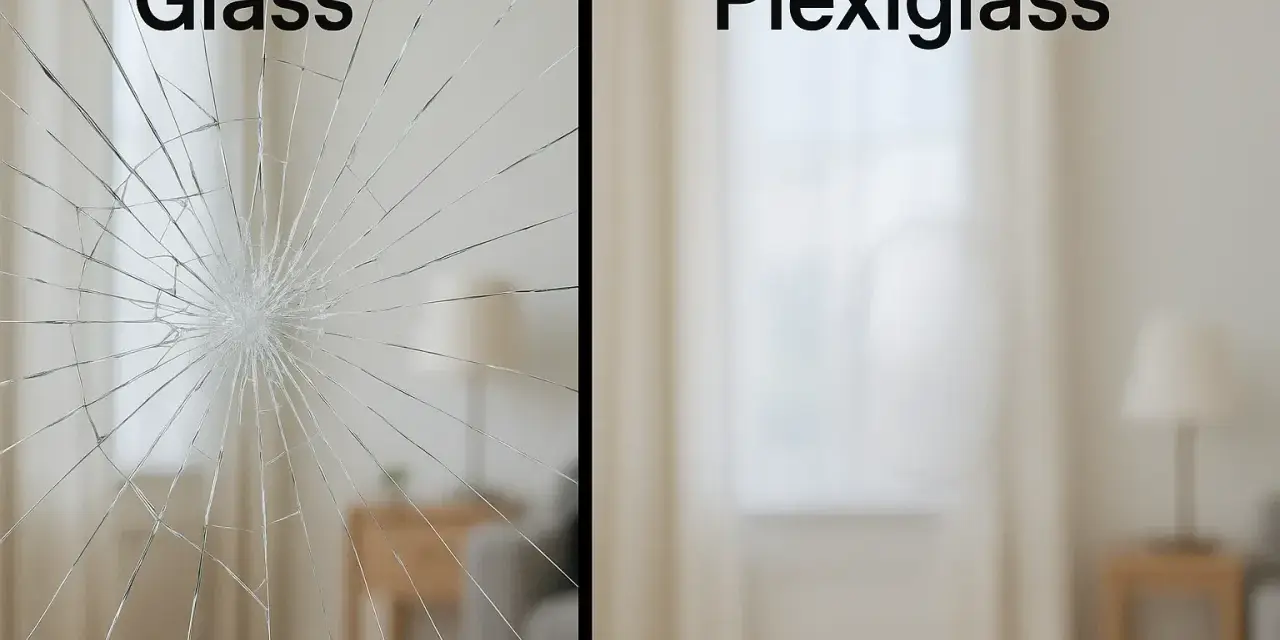 Split image shows cracked glass on left, and intact plexiglass on right. Considering plexiglass for a window?