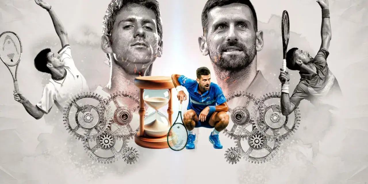 Novak Djokovic, con su mirada intensa, rodeado de engranajes y un reloj de arena, evoca la pregunta: ¿cuántos Roland Garros tiene Djokovic?
