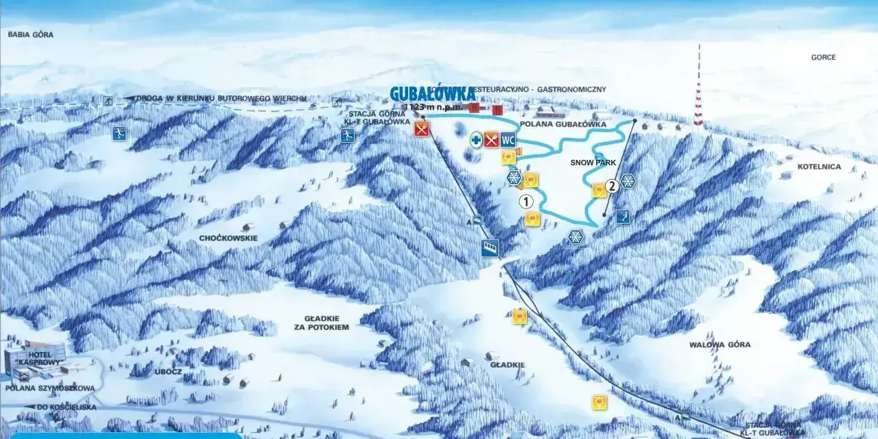 Mapa narciarska Gubałówki z trasami, wyciągami i atrakcjami. Widoczny Snow Park i punkty gastronomiczne.