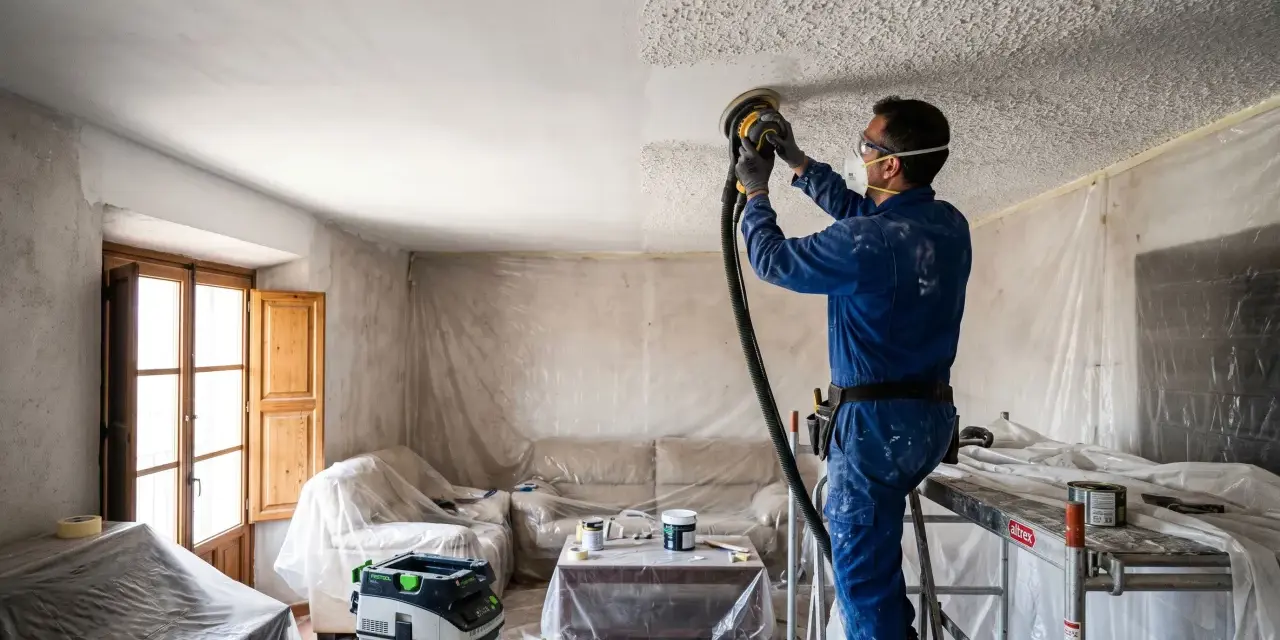 Hombre lijando techo con gotelé para tapar con pladur. El salón está cubierto con plásticos protectores.