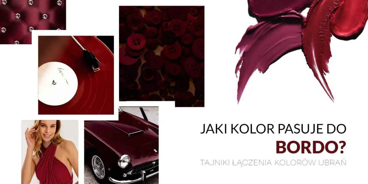 Kolekcja inspiracji: pikowany materiał, płyta winylowa, guziki, szminki, kobieta w sukience i samochód – wszystko w odcieniach koloru bordowego.
