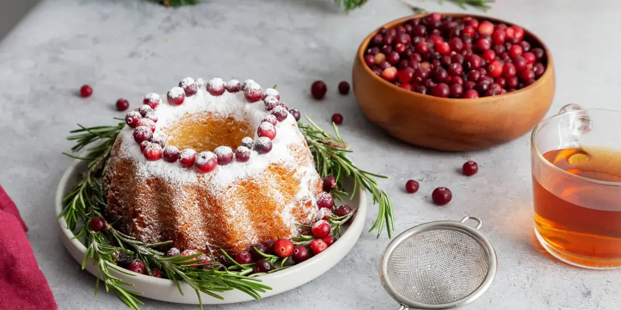 En vackert dekorerad sockerkaka med lingon och rosmarin, perfekt för julfika tips. En skål med lingon och en kopp te fullbordar julstämningen.