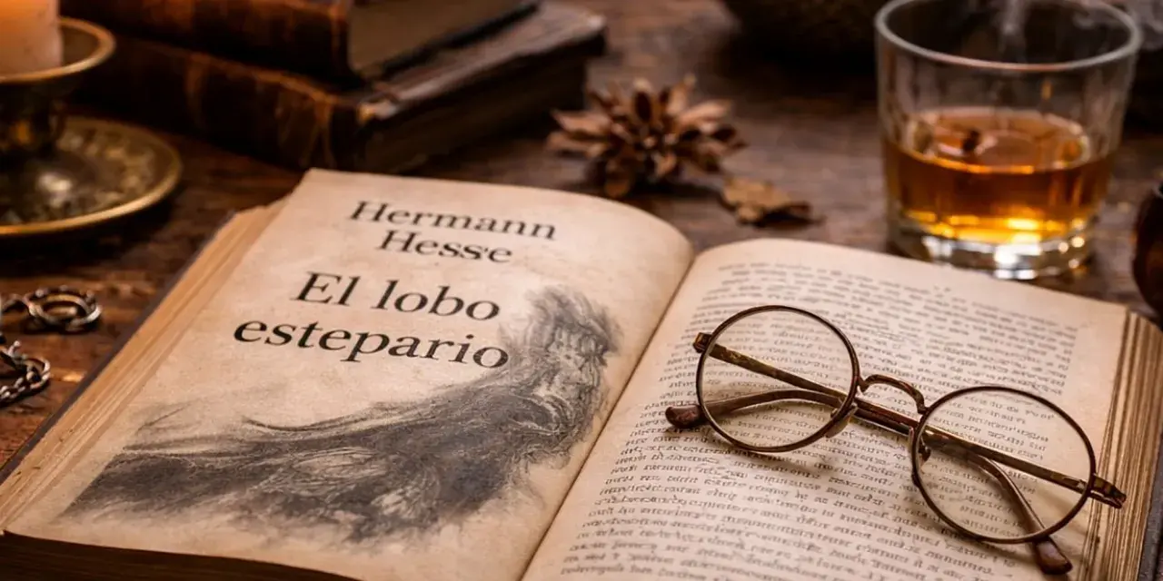 Un libro abierto con el título "El lobo estepario" y unas gafas encima. A su lado, un vaso de whisky y velas, evocando la atmósfera de la obra.
