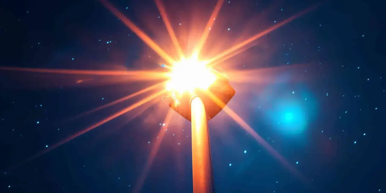 Un lampione illumina la notte stellata con un abbaglio di luce arancione intenso.