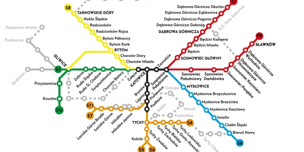 Mapa linii kolejowych Górnego Śląska, przedstawiająca pkp rozkład jazdy z zaznaczonymi stacjami i trasami.