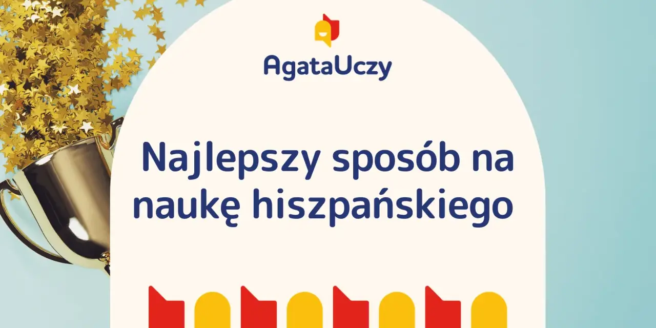 Złoty puchar i konfetti symbolizują sukces w nauce hiszpańskiego. "Najlepszy sposób na naukę hiszpańskiego" - pytania po hiszpańsku.