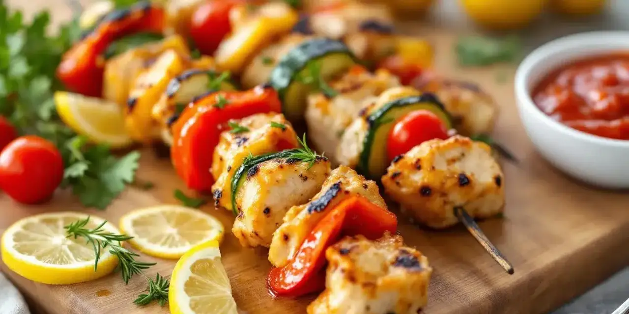Délicieuses brochettes de poulet grillées avec des légumes colorés, des quartiers de citron et une sauce tomate.
