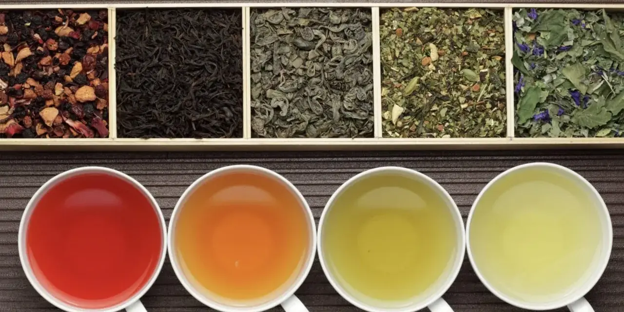 Six variétés de thés en vrac dans des compartiments, avec quatre tasses de thé infusé. Savoir combien de temps se conserve le thé en vrac est essentiel pour en apprécier la saveur.