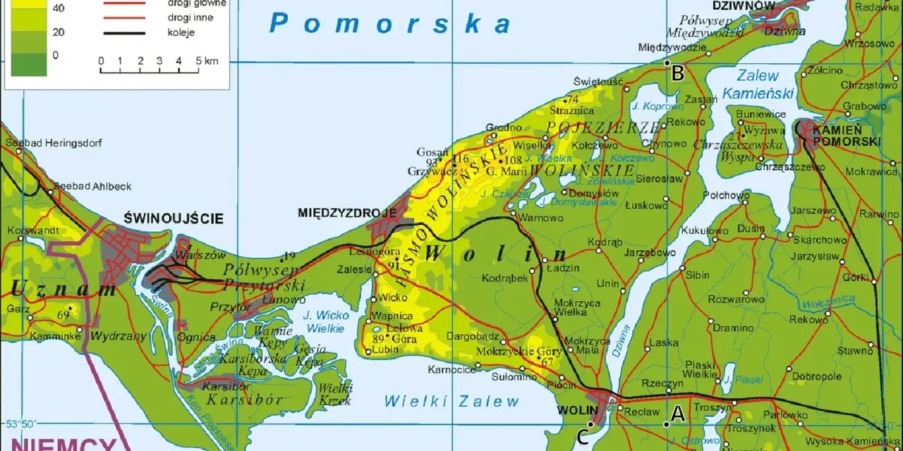 Mapa pokazuje, jak wyszukać miejsce po współrzędnych na Półwyspie Wolińskim.