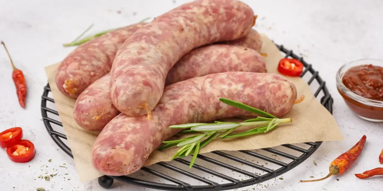 Surowa biała kiełbasa na ruszcie z rozmarynem, papryczkami chili i sosem. Dowiedz się, ile gotować białą kiełbasę, by była idealna.