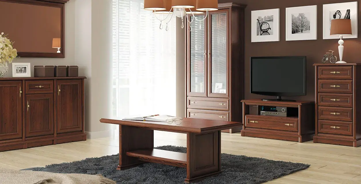 Elegancka komoda Kent w salonie z telewizorem, witryną i stolikiem kawowym.