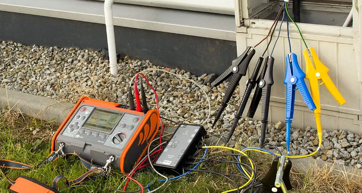 Pomiar rezystancji izolacji instalacji elektrycznej za pomocą miernika. Podłączone przewody z krokodylkami do badanych punktów.