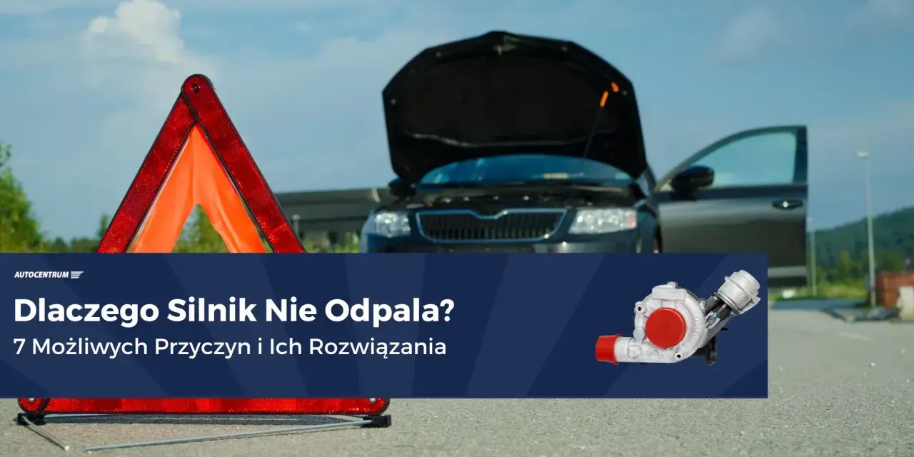 Awaryjny trójkąt i otwarty bagażnik czarnego auta sugerują problem z odpalaniem na ciepłym silniku benzyna.