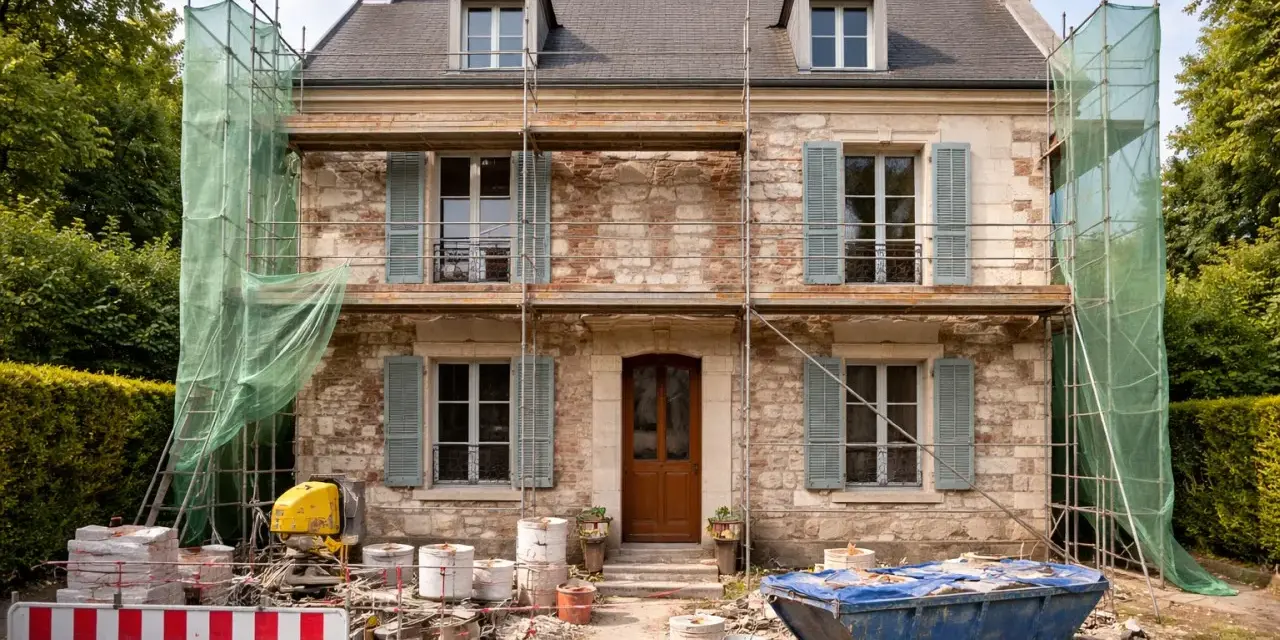 Façade maison en pierre en rénovation, échafaudages et bâches vertes protègent les travaux. Matériaux de construction et benne à gravats au premier plan.