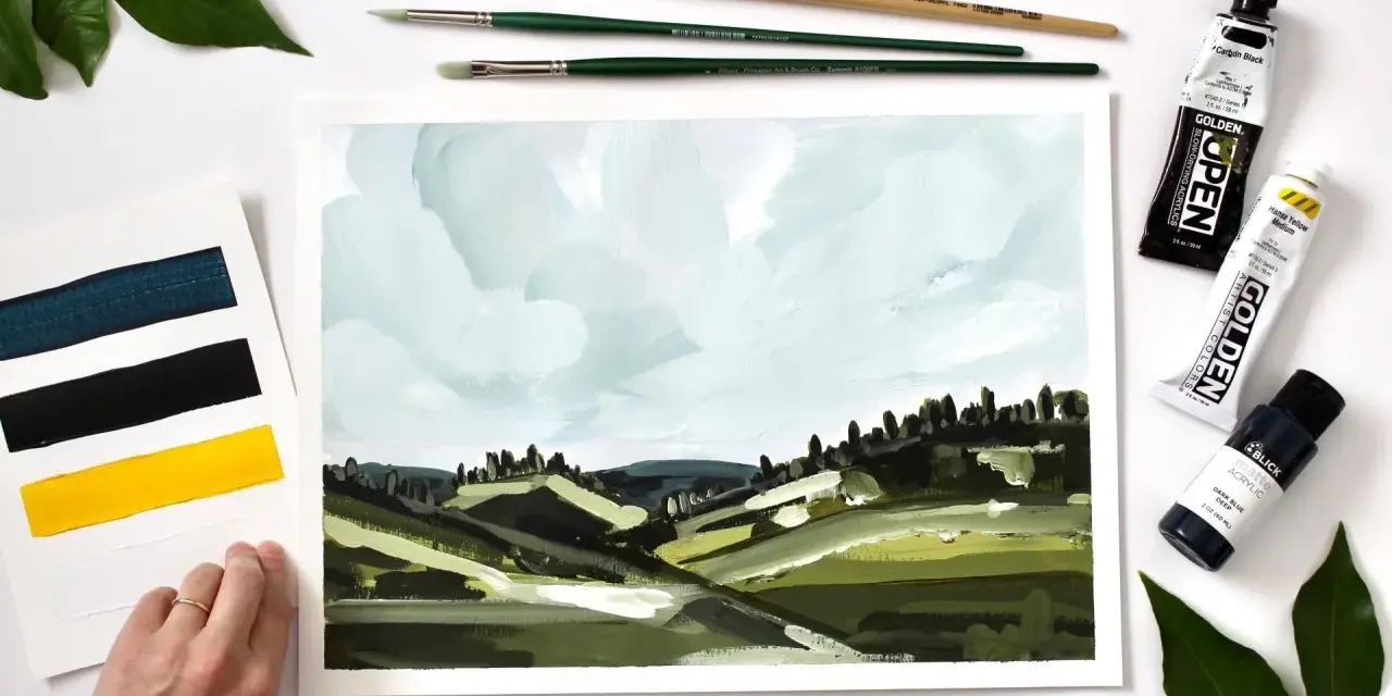 Peinture de paysage abstrait, avec des collines vertes et un ciel bleu pâle. Des tubes de peinture et des pinceaux sont disposés autour, suggérant le début d'une œuvre, où l'on peut commencer par le clair ou le foncé.