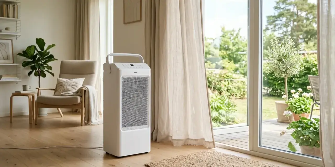 Climatizador blanco en salón moderno, mostrando la diferencia entre aire acondicionado y climatizador.
