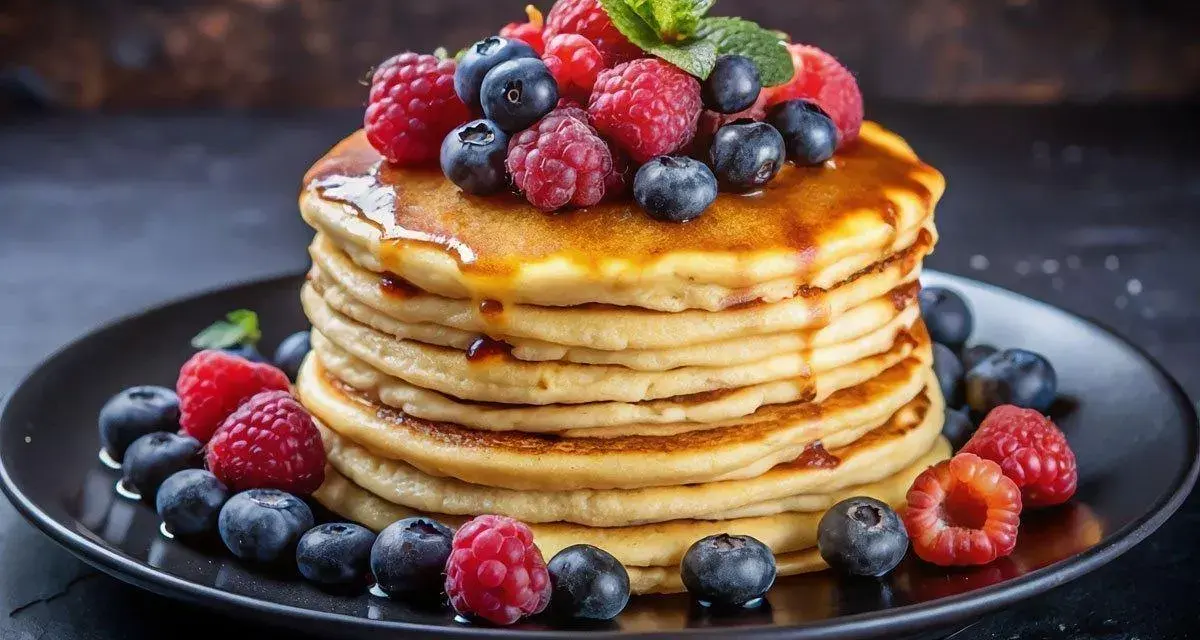 En hög med fluffiga pannkakor, toppad med färska bär och sirap. Perfekt för en mysig frukost, inspirerad av ett enkelt pannkakssmet recept.