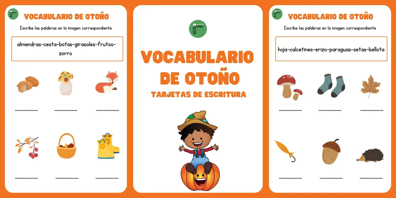 Tarjetas de escritura para aprender vocabulario de otoño: almendras, cesta, botas, girasoles, frutos, zorro, hoja, calcetines, erizo, paraguas, setas, bellota.