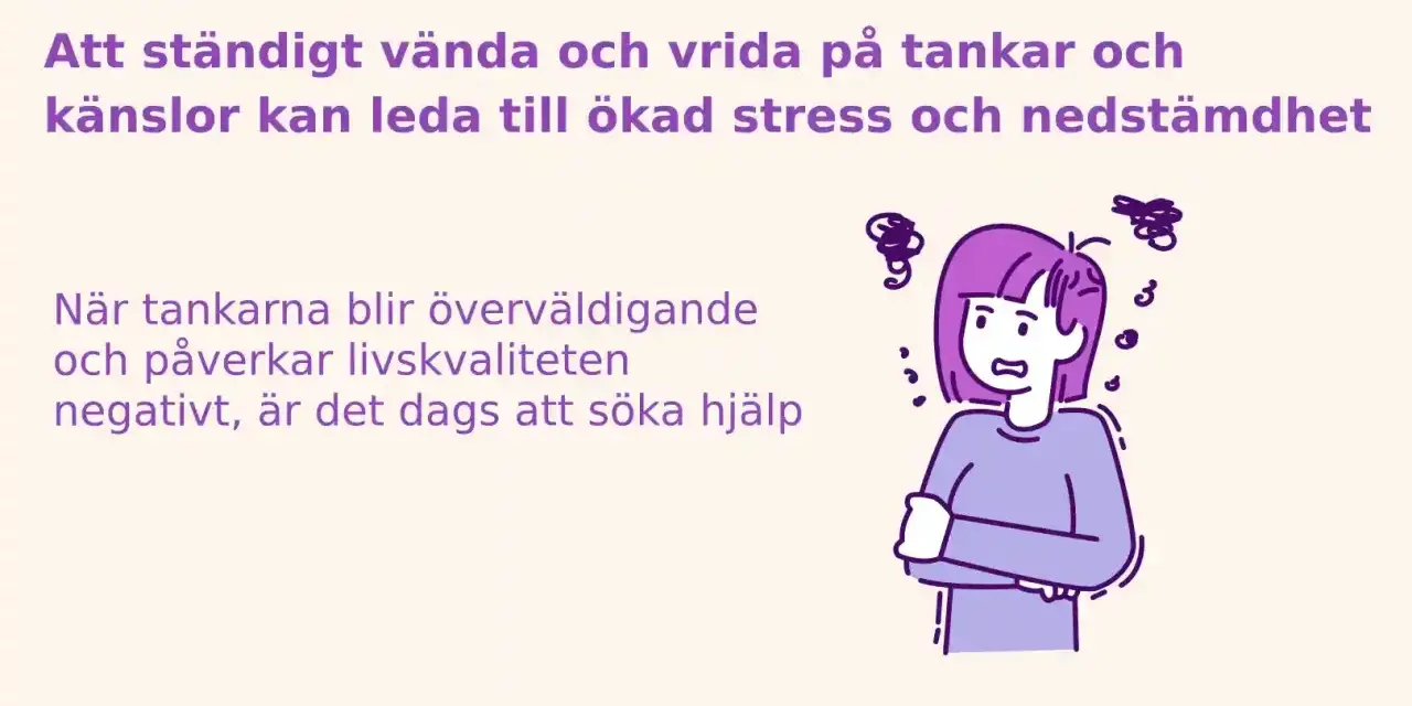 En person med korslagda armar och oroliga tankesnurror runt huvudet. Texten beskriver hur man kan bota hypokondri genom att söka hjälp när tankarna blir överväldigande.