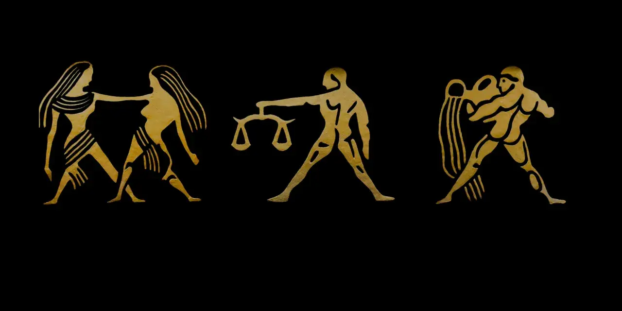 Złote symbole zodiaku: Bliźnięta, Waga (jaki żywioł powietrza), Wodnik na czarnym tle.