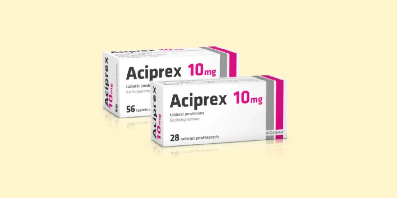 Dwie paczki leku Aciprex 10mg, jedna z 56, druga z 28 tabletkami powlekanymi.