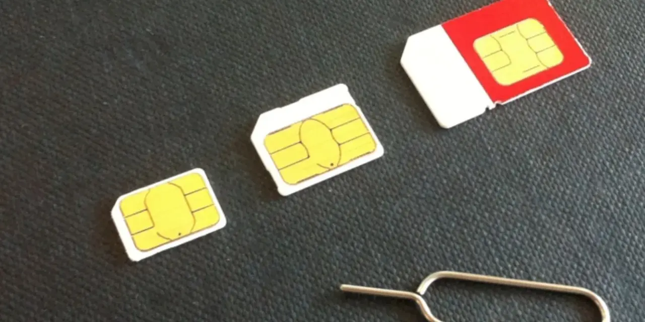 Tre schede SIM di diverse dimensioni, una rossa e bianca, e uno strumento per estrarre il **numero seriale SIM**.