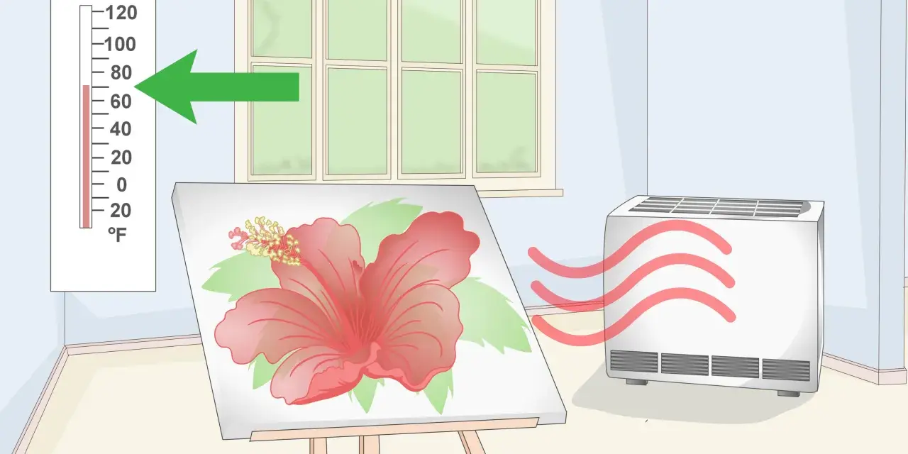 Un tableau de fleur d'hibiscus sur un chevalet, un thermomètre indiquant 70°F et un appareil soufflant de l'air chaud pour accélérer le temps de séchage de la peinture à l'huile.