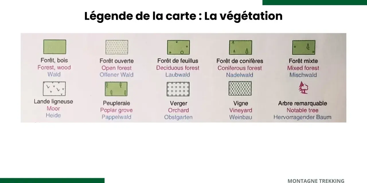 Légende de la carte : La végétation. Le **signification** des symboles pour forêts, landes, peupleraies, vergers, vignes et arbres remarquables.