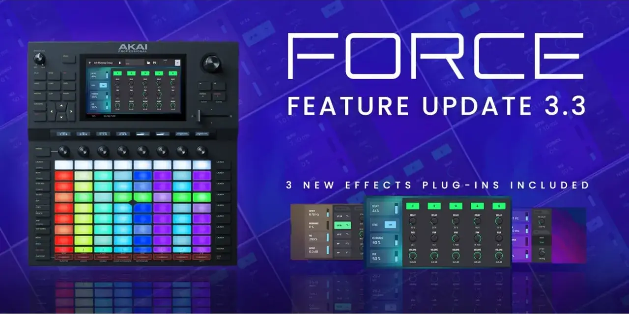 Akai Force z aktualizacją 3.3 i nowymi wtyczkami efektów. Kolorowe pady i ekran dotykowy zapraszają do tworzenia muzyki.