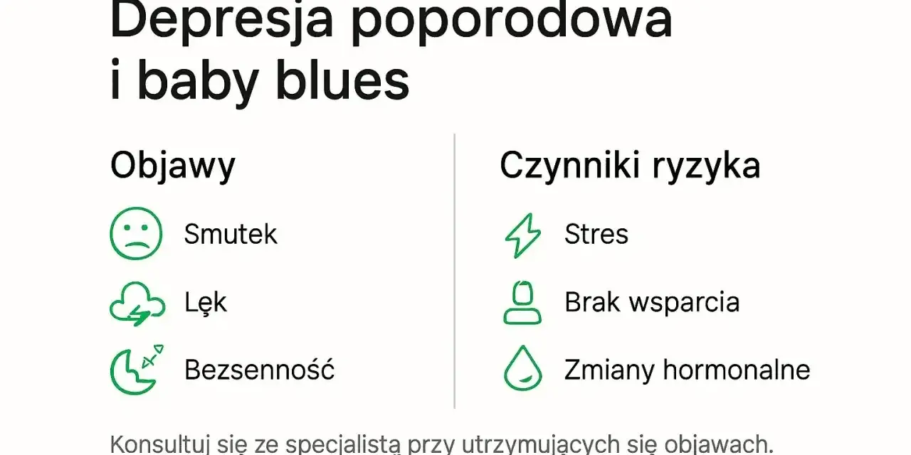 Depresja poporodowa i baby blues: objawy to smutek, lęk, bezsenność. Czynniki ryzyka: stres, brak wsparcia, zmiany hormonalne. Konsultuj się ze specjalistą.