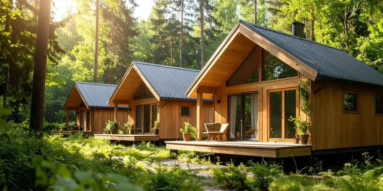 Gotowy domek na działkę w lesie. Drewniane, nowoczesne budynki z dużymi oknami, otoczone zielenią i słońcem.