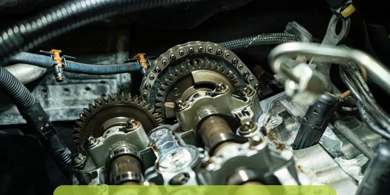Close-up of car engine timing chain and gears. This could be related to a p0017 code issue.