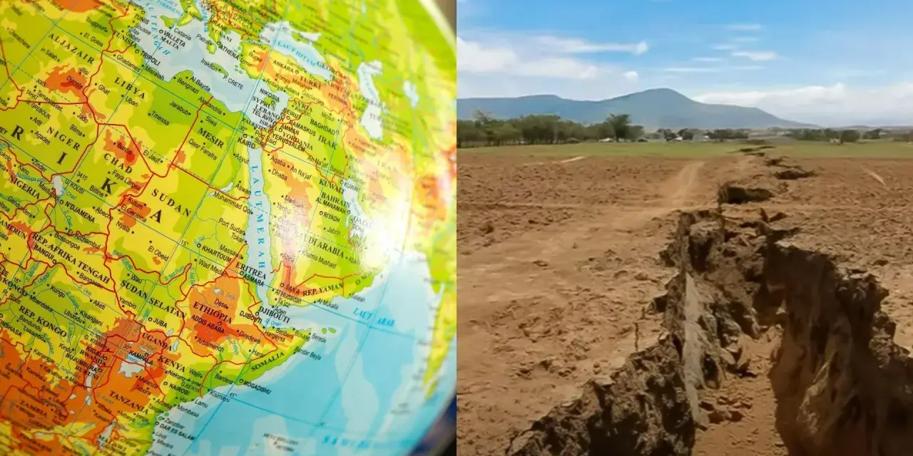 Mapa świata z zaznaczonym **Rów Afrykański** i jego krajobrazem.