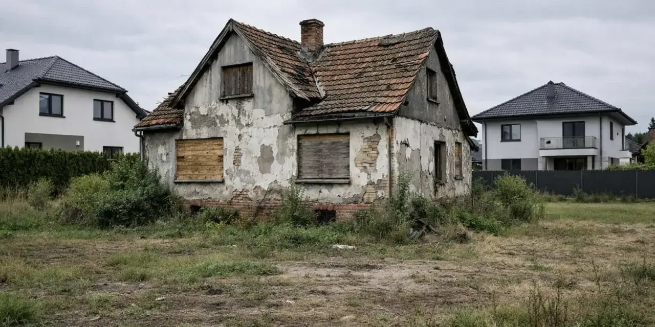 Zrujnowany dom, wpisany do rejestru zabytków, stoi pośród chwastów, otoczony nowoczesnymi budynkami.