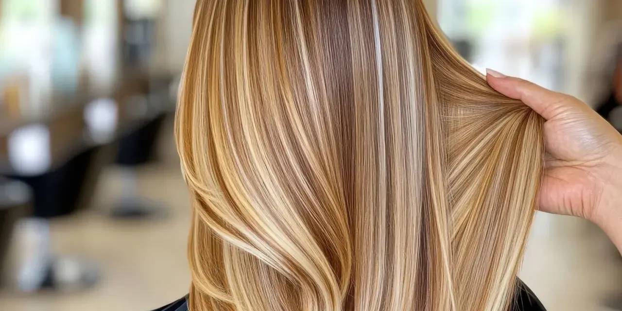 Piękne, długie włosy w odcieniu dirty blonde z subtelnymi refleksami, ułożone w fale.