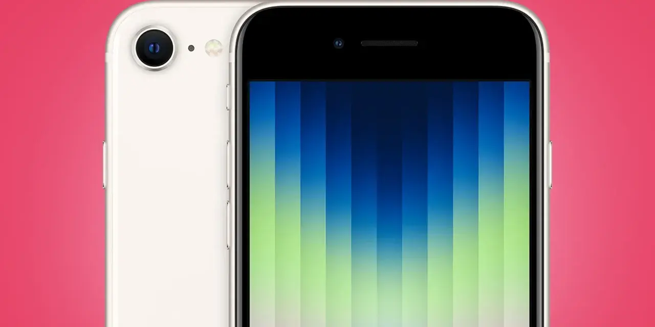 En vit iPhone SE Gen 4 med en färgstark bakgrund.